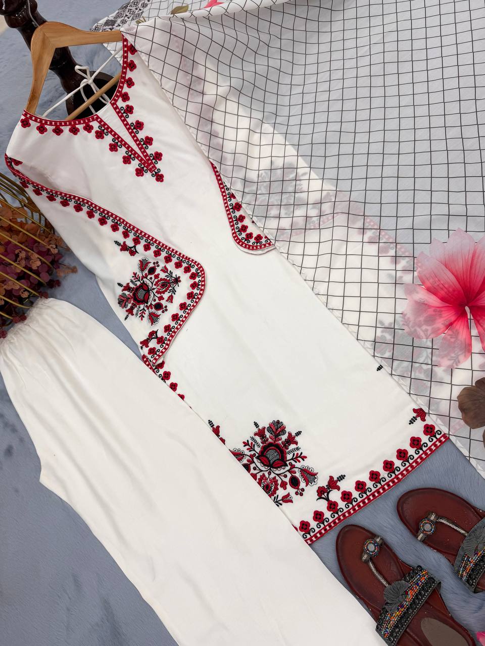 White Graceful Ethnic Satin plazzo Set
