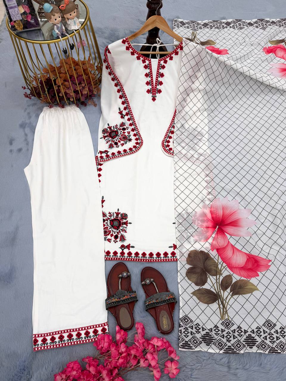 White Graceful Ethnic Satin plazzo Set