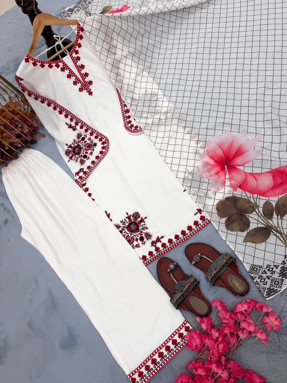 White Graceful Ethnic Satin plazzo Set