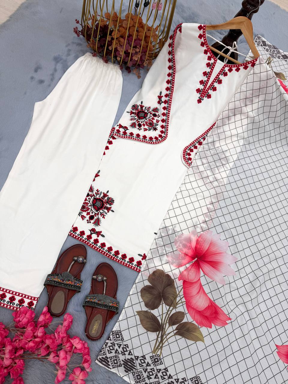 White Graceful Ethnic Satin plazzo Set