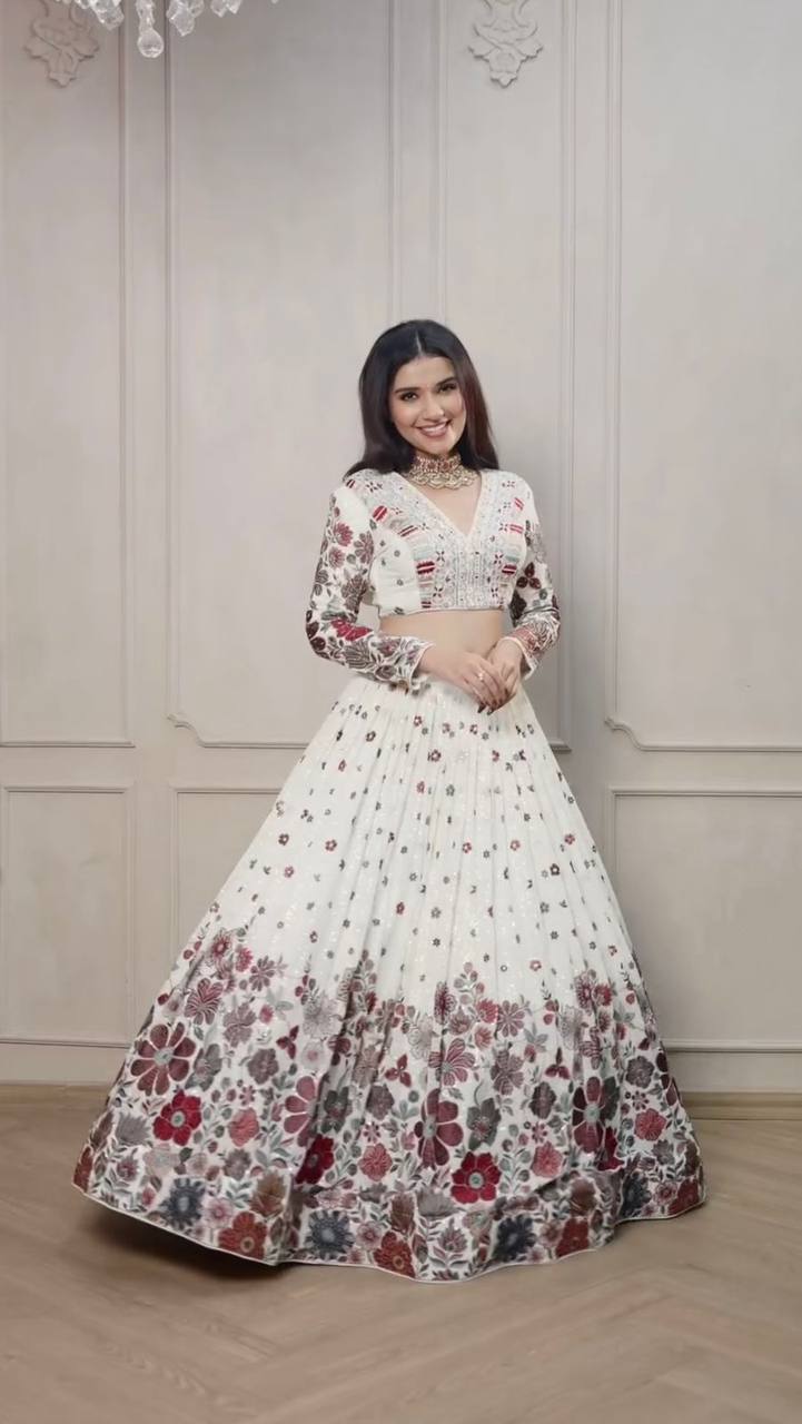 White Graceful Faux Georgette Lehenga Choli Set with Sequin & Thread Embroidery
