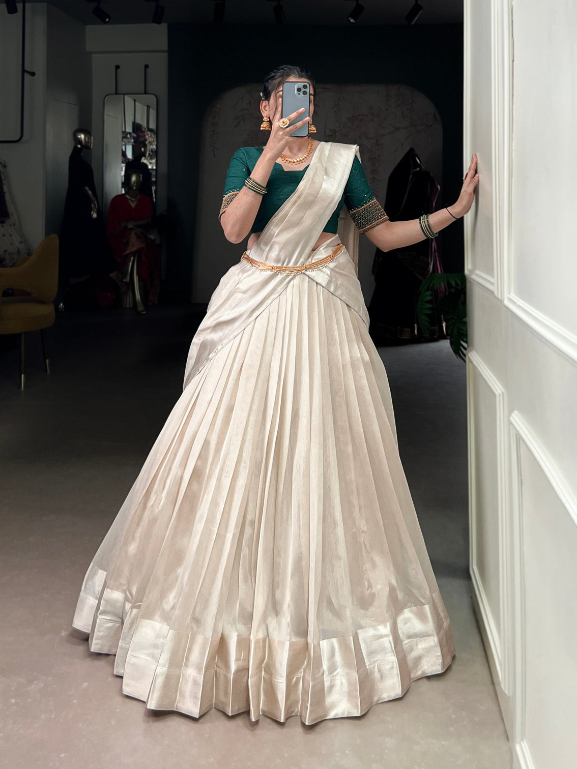 White Graceful Poly Tasar Lehenga Set with Bead Work Blouse & Viscose Border Dupatta