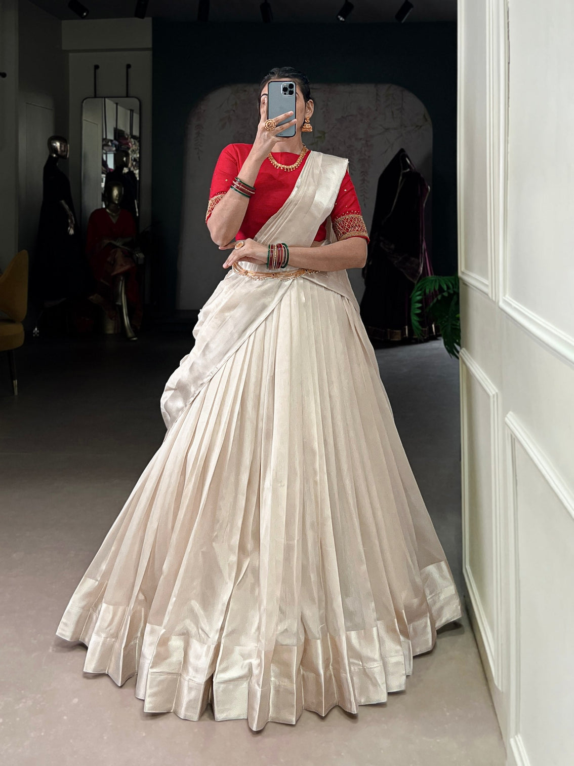 White Graceful Poly Tasar Lehenga Set with Bead Work Blouse & Viscose Border Dupatta