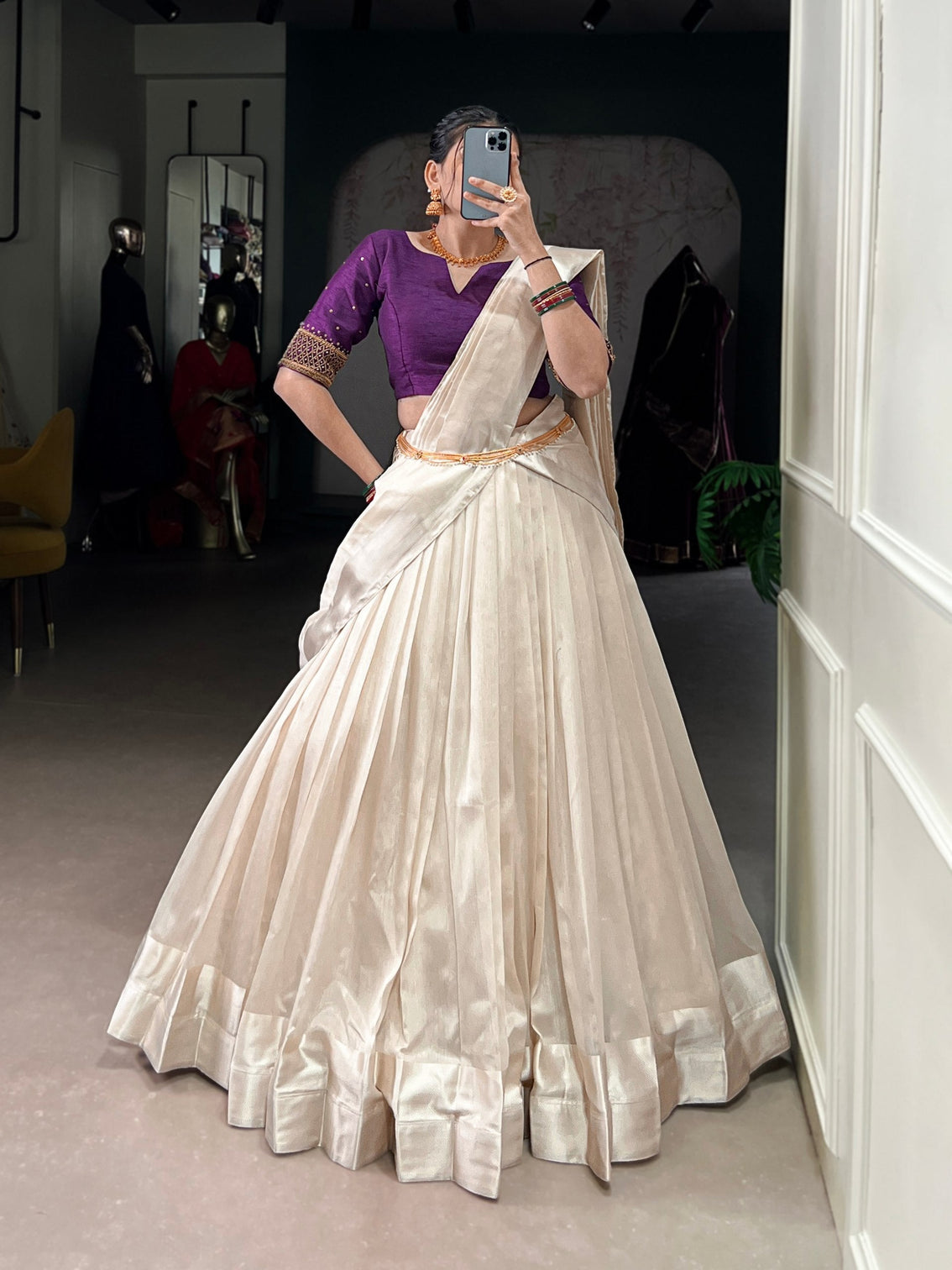 White Graceful Poly Tasar Lehenga Set with Bead Work Blouse & Viscose Border Dupatta