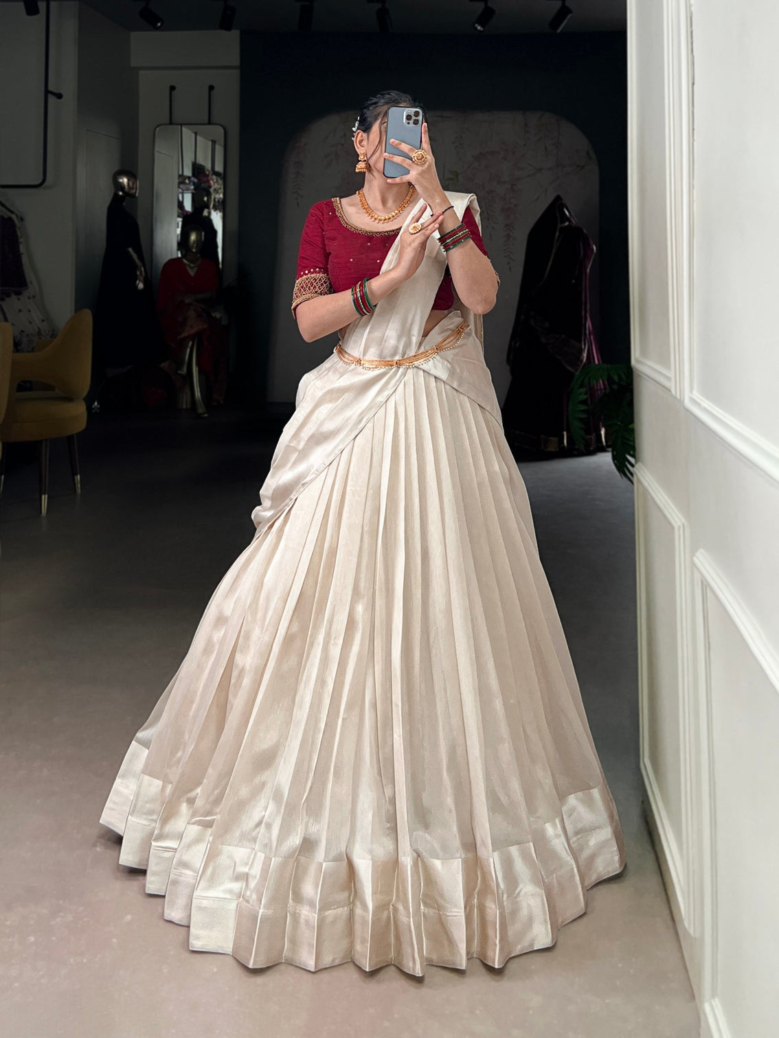 White Graceful Poly Tasar Lehenga Set with Bead Work Blouse & Viscose Border Dupatta
