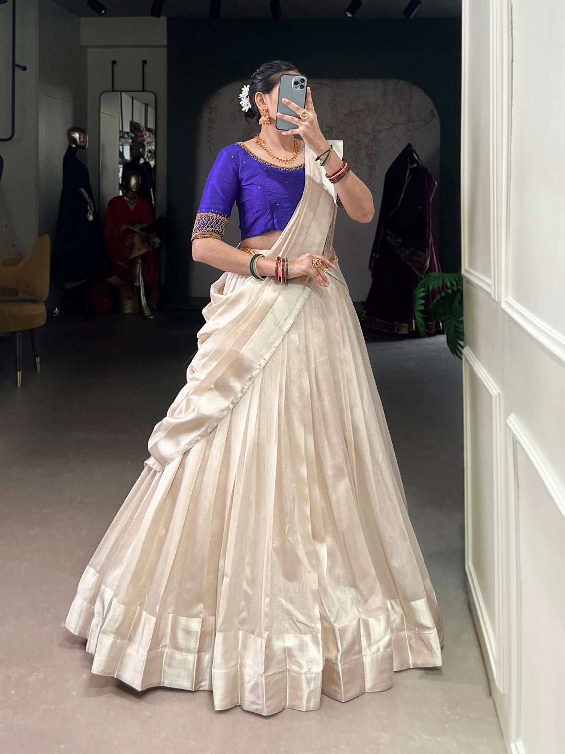 White Graceful Poly Tasar Lehenga Set with Bead Work Blouse & Viscose Border Dupatta