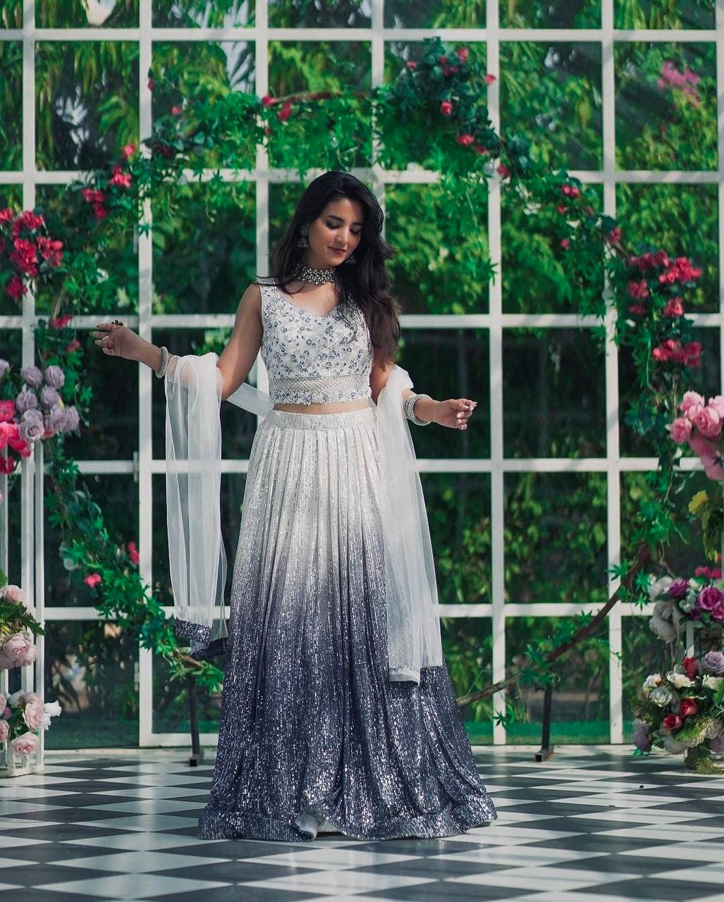 White & Gray Elegant Shaded Georgette Silk Lehenga Set with Sequins & Dori Work