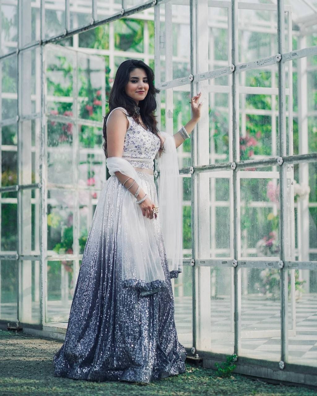 White & Gray Elegant Shaded Georgette Silk Lehenga Set with Sequins & Dori Work