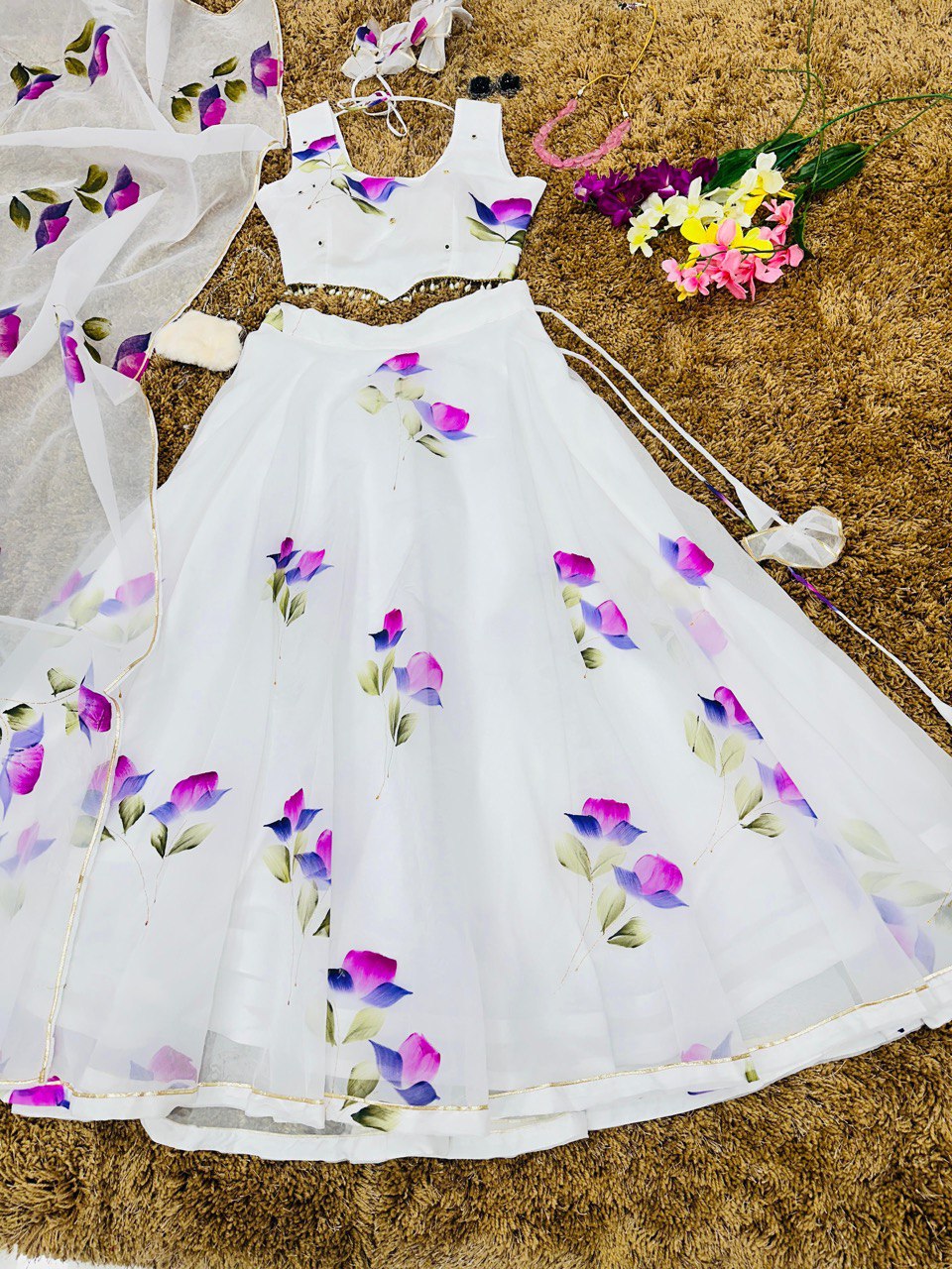 White Hand-Painted Organza Silk Lehenga Set