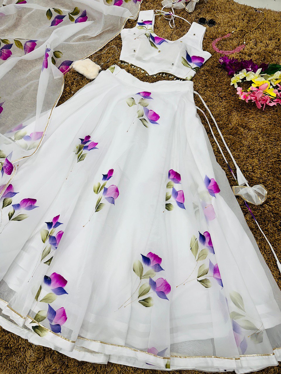 White Hand-Painted Organza Silk Lehenga Set