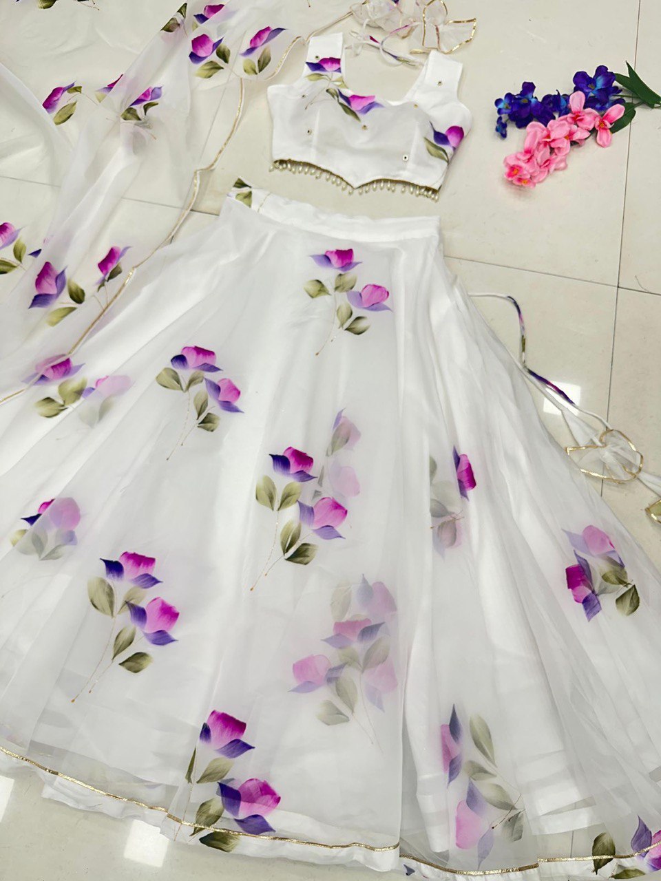 White Hand-Painted Organza Silk Lehenga Set