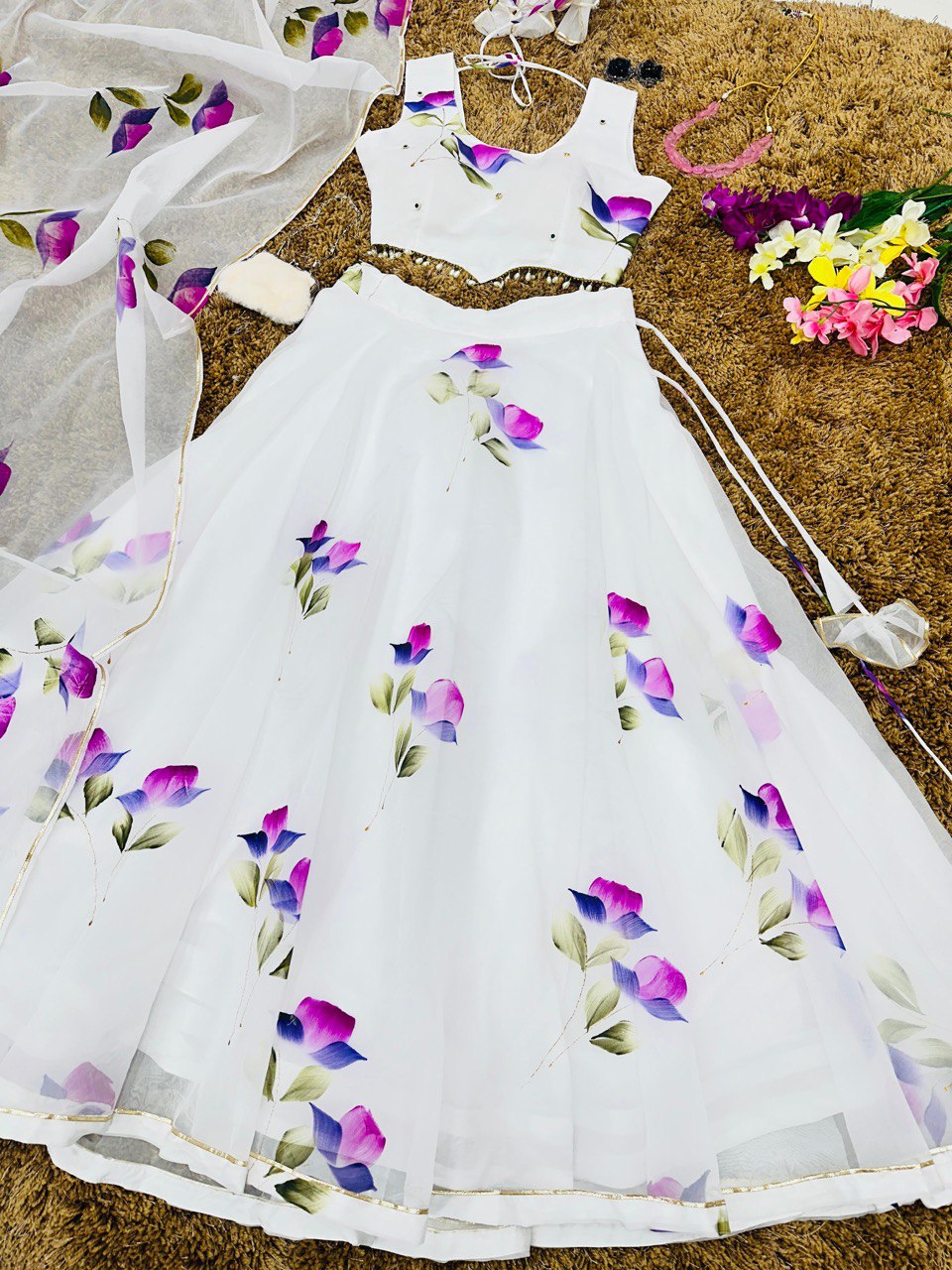 White Hand-Painted Organza Silk Lehenga Set