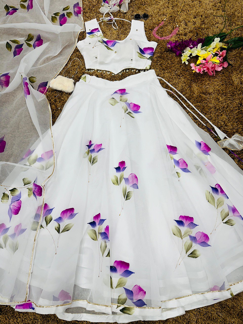 White Hand-Painted Organza Silk Lehenga Set
