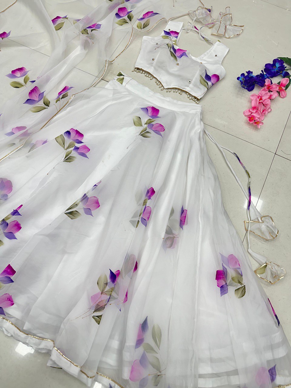 White Hand-Painted Organza Silk Lehenga Set