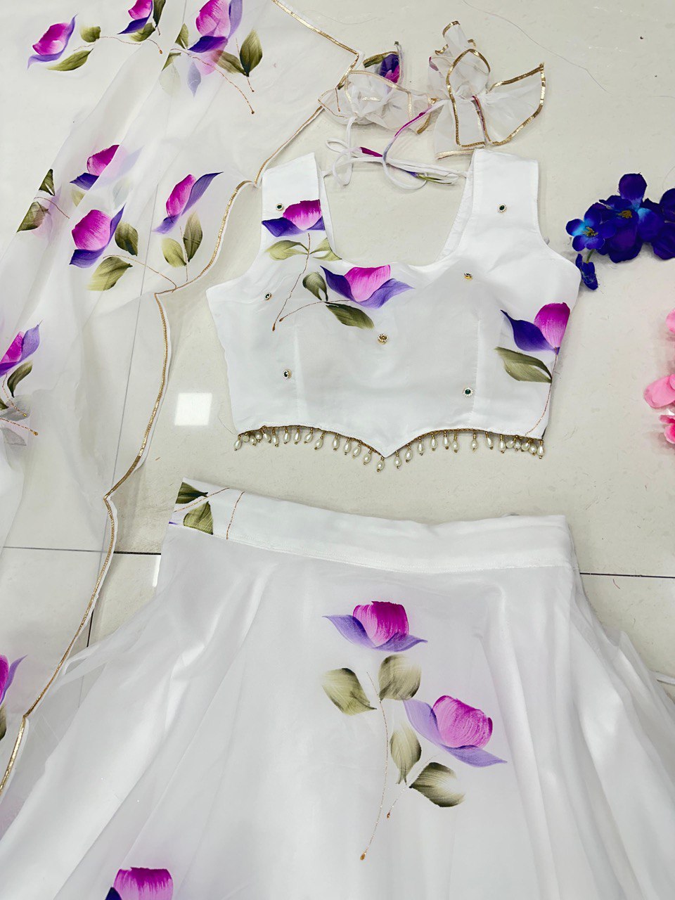White Hand-Painted Organza Silk Lehenga Set