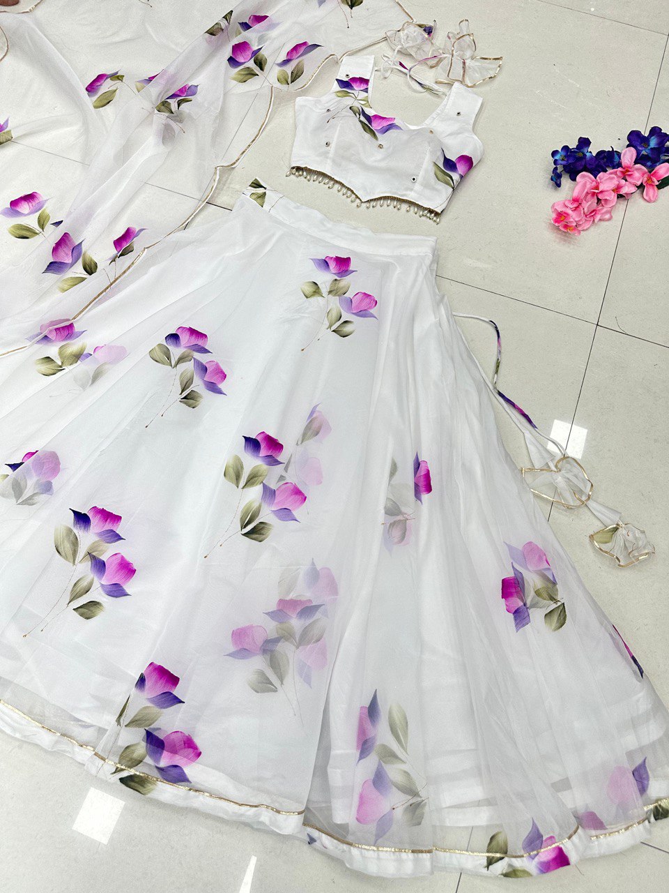 White Hand-Painted Organza Silk Lehenga Set
