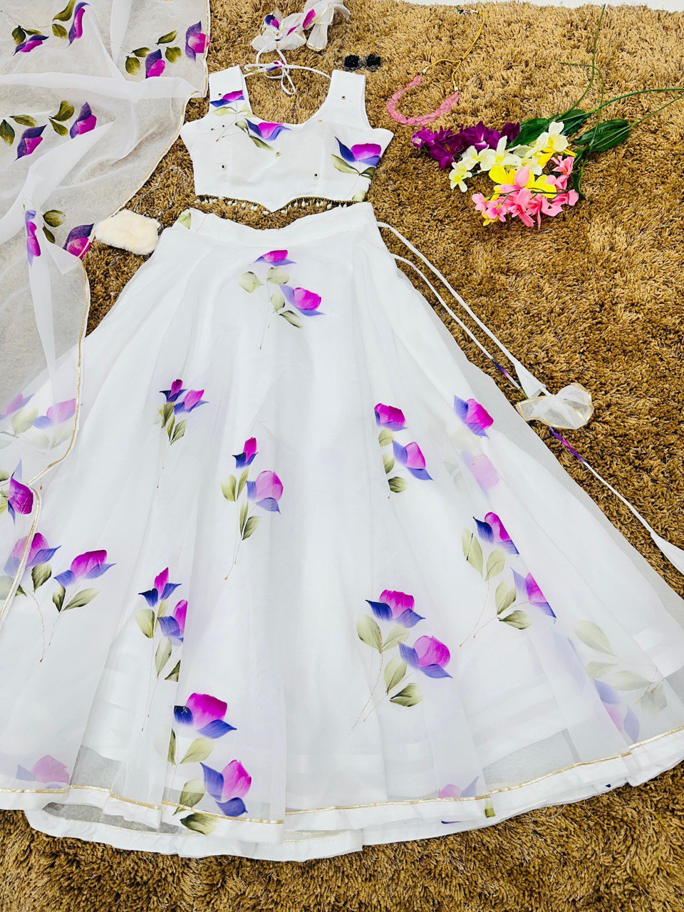 White Hand-Painted Organza Silk Lehenga Set