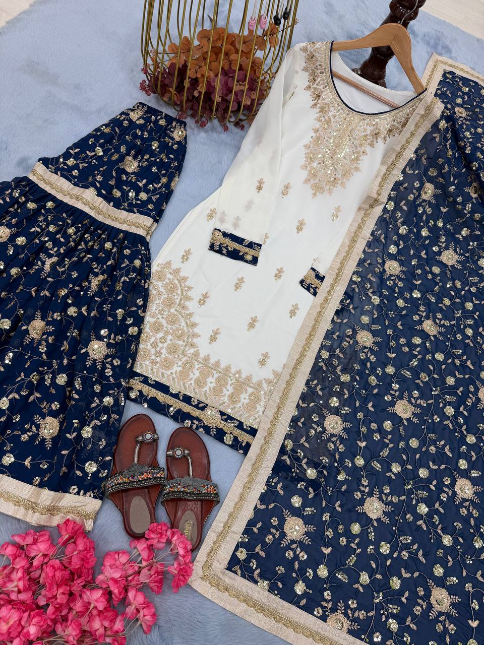 White Heavy Faux Georgette Embroidered 5mm Sequins Kurta Sharara Set with Lace Dupatta – Full Stitched