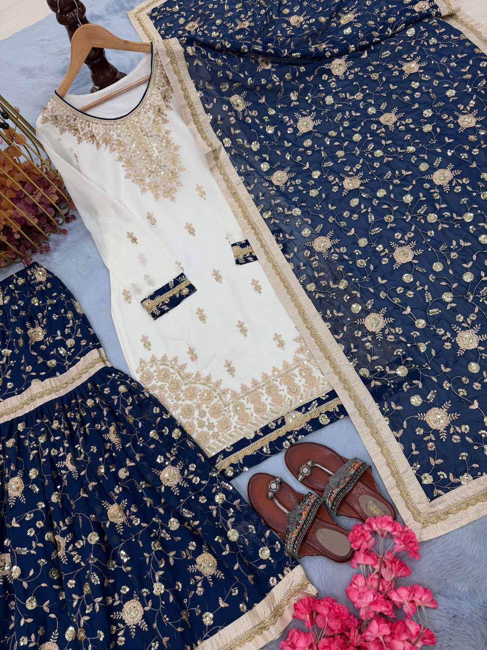 White Heavy Faux Georgette Embroidered 5mm Sequins Kurta Sharara Set with Lace Dupatta – Full Stitched