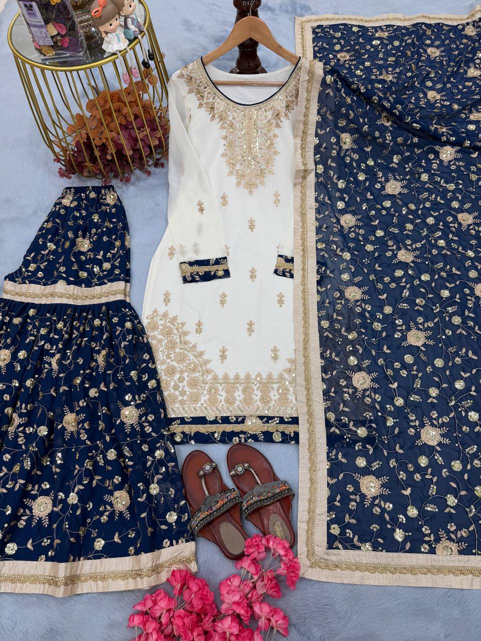 White Heavy Faux Georgette Embroidered 5mm Sequins Kurta Sharara Set with Lace Dupatta – Full Stitched