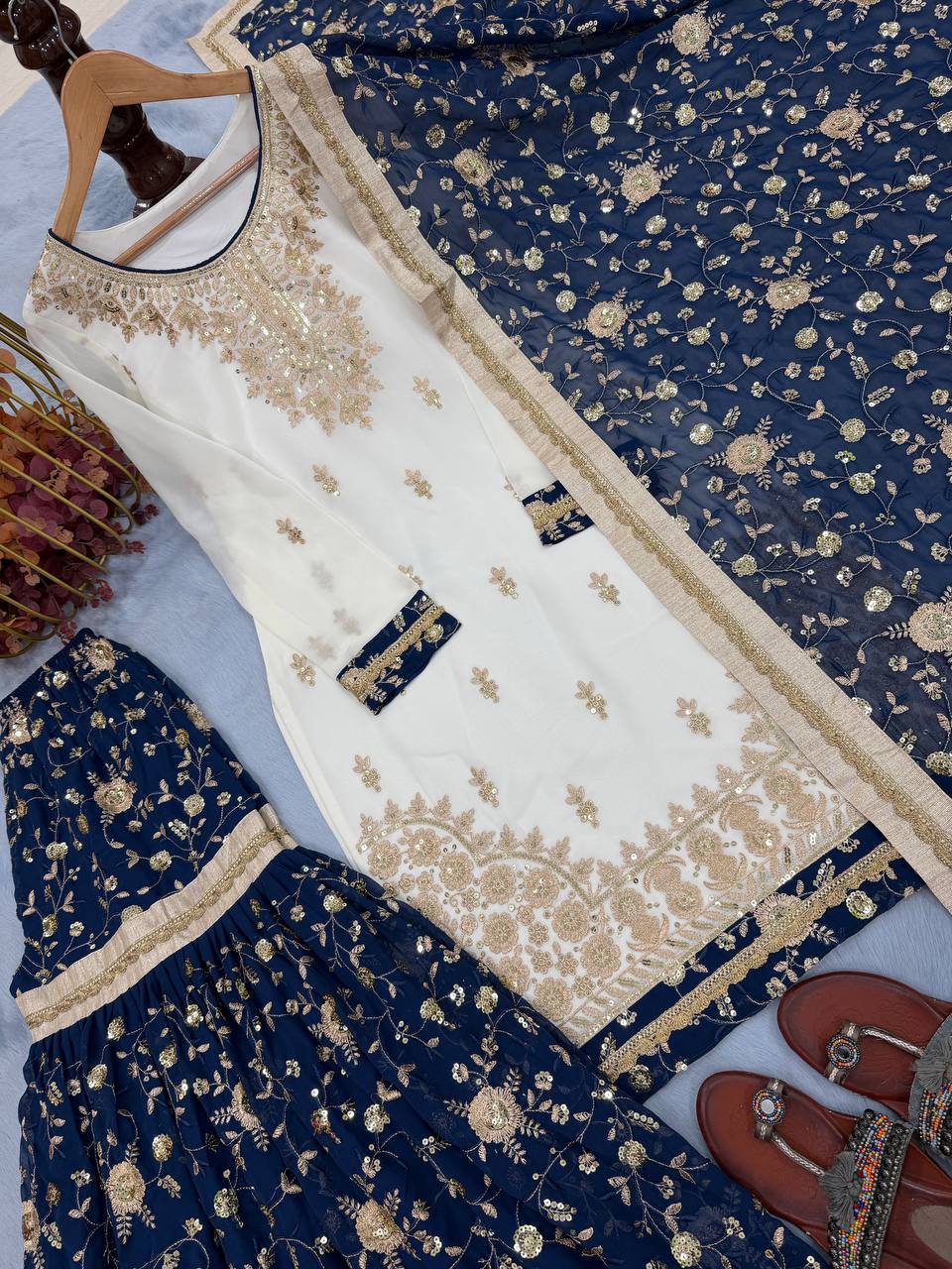 White Heavy Faux Georgette Embroidered 5mm Sequins Kurta Sharara Set with Lace Dupatta – Full Stitched