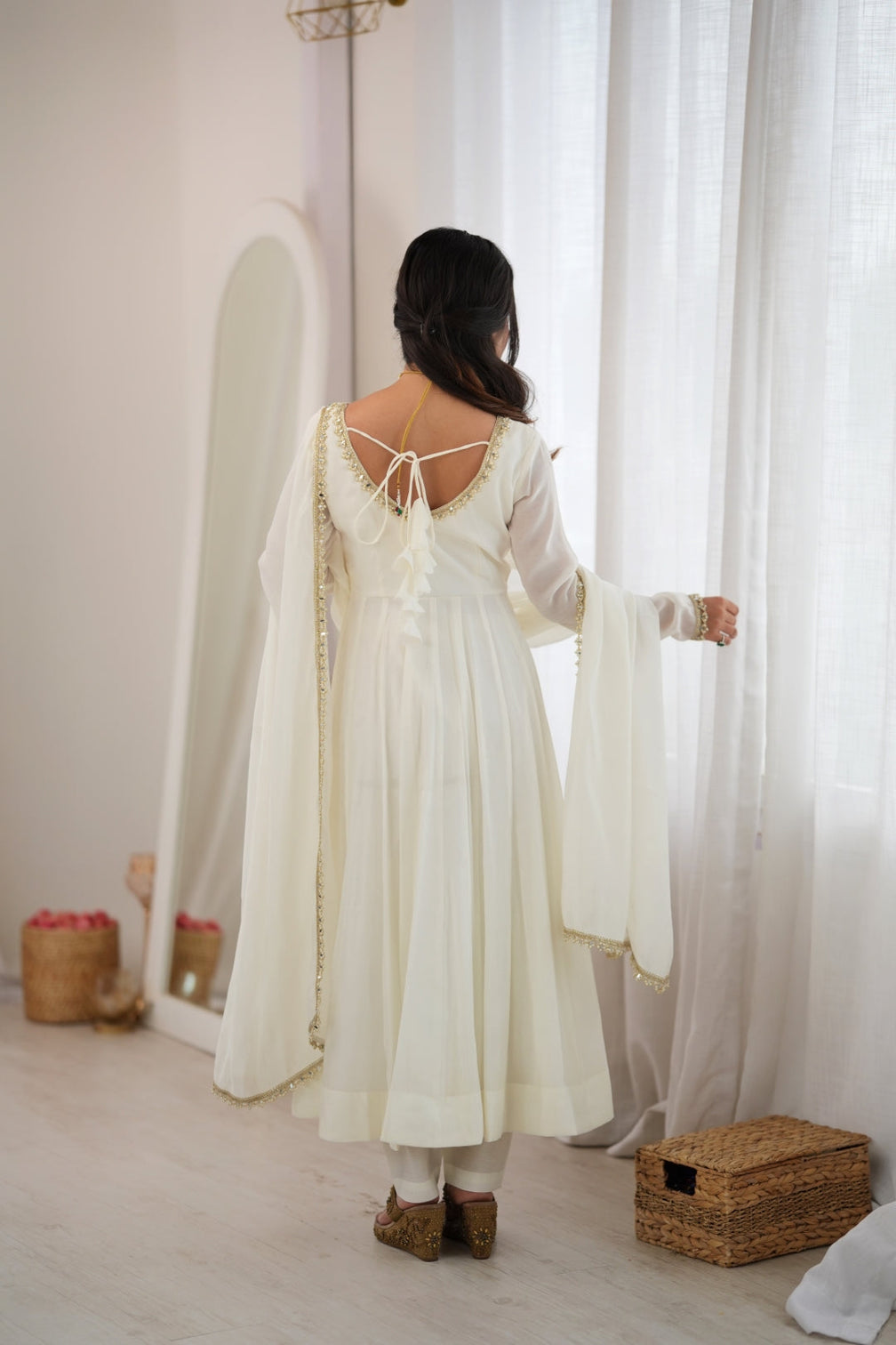 White Heavy Pure Mal Chanderi Anarkali Gown