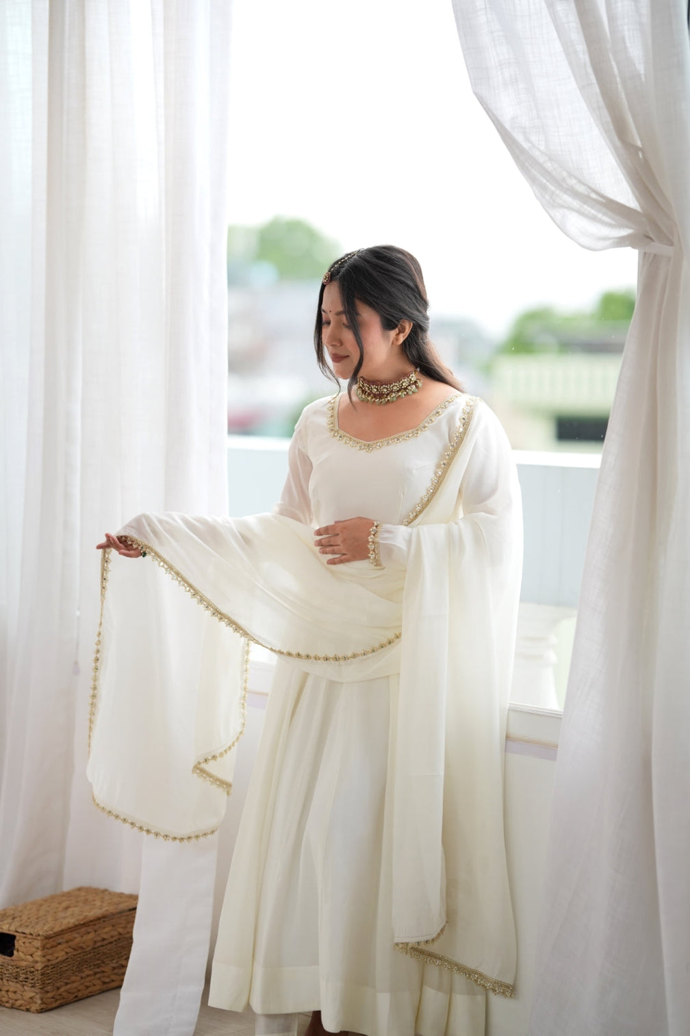 White Heavy Pure Mal Chanderi Anarkali Gown