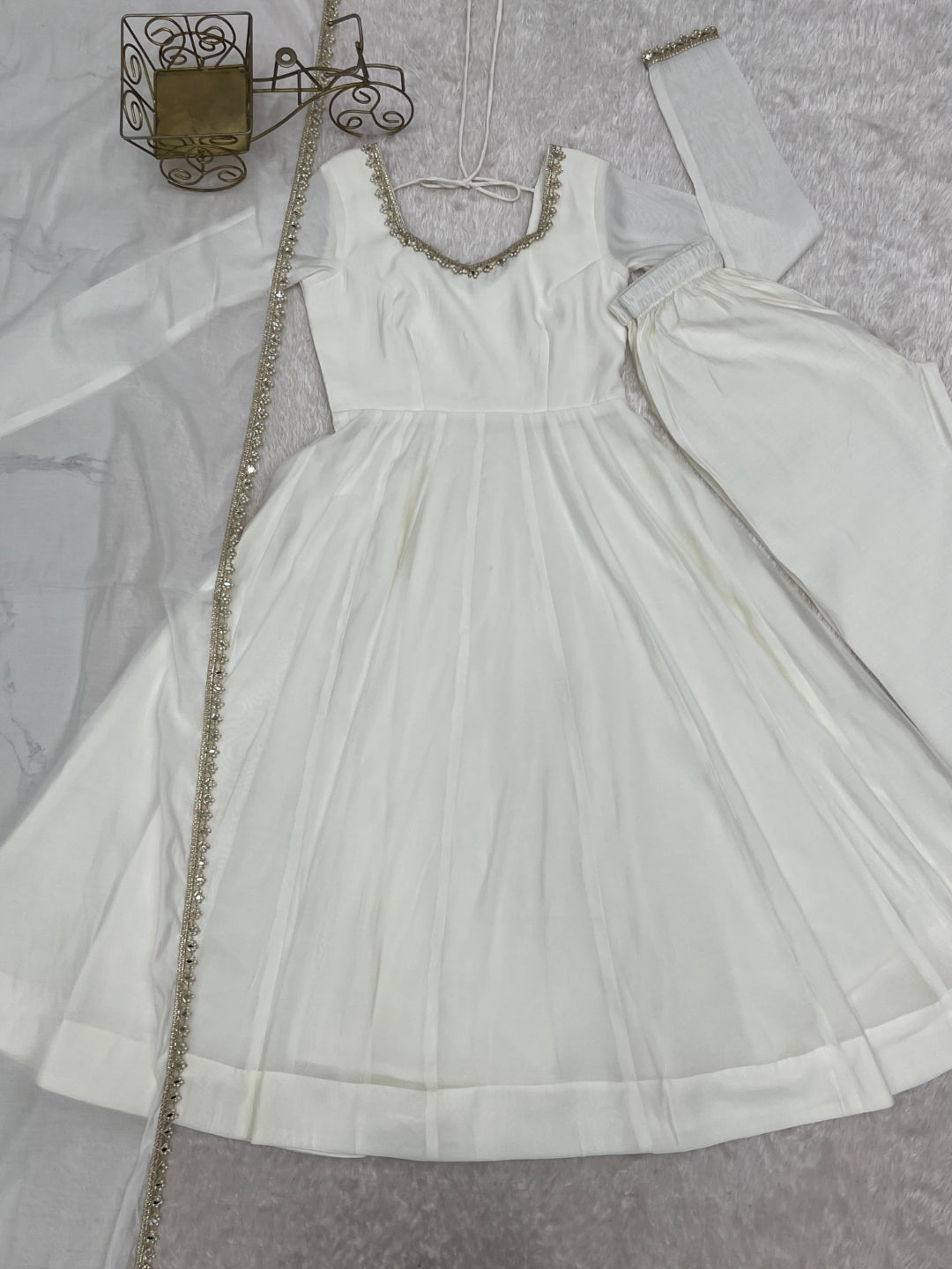 White Heavy Pure Mal Chanderi Anarkali Gown