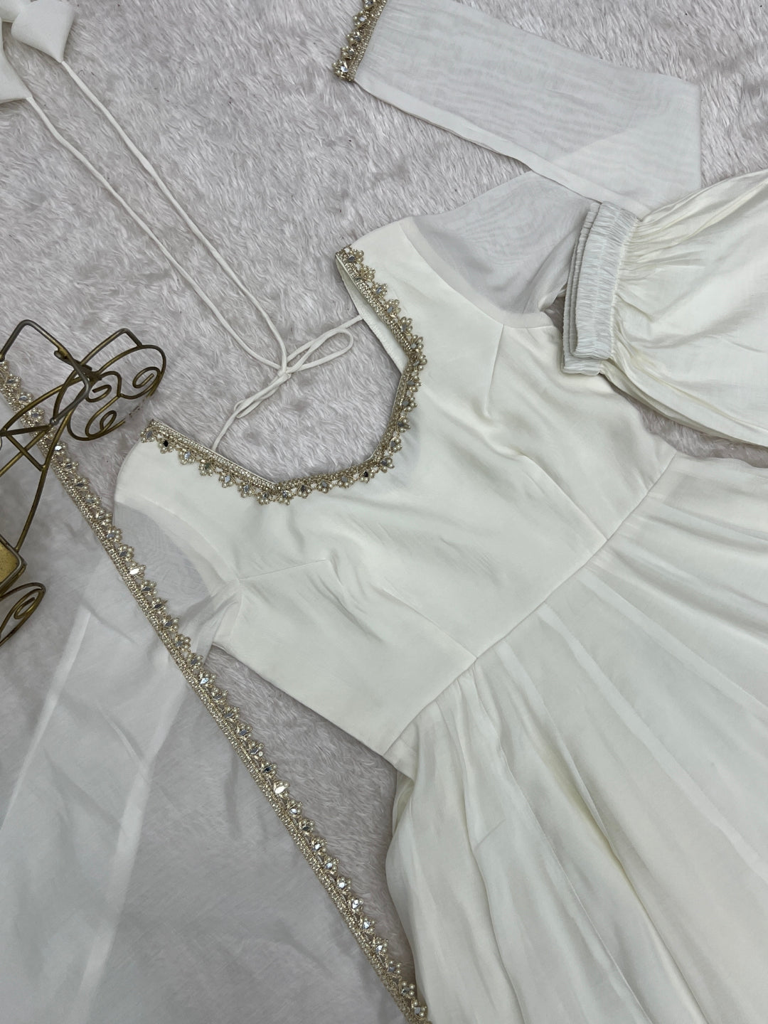 White Heavy Pure Mal Chanderi Anarkali Gown