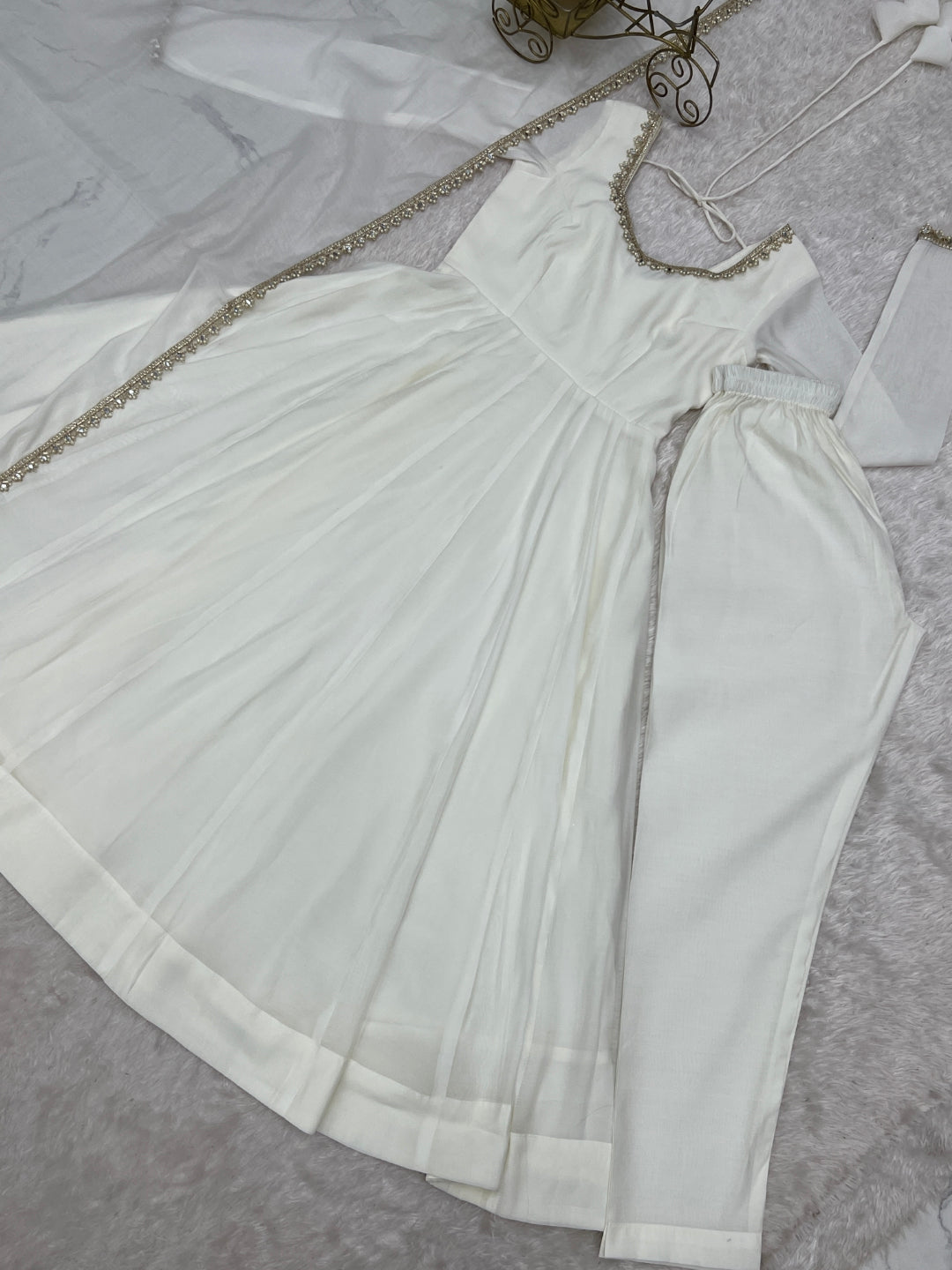 White Heavy Pure Mal Chanderi Anarkali Gown