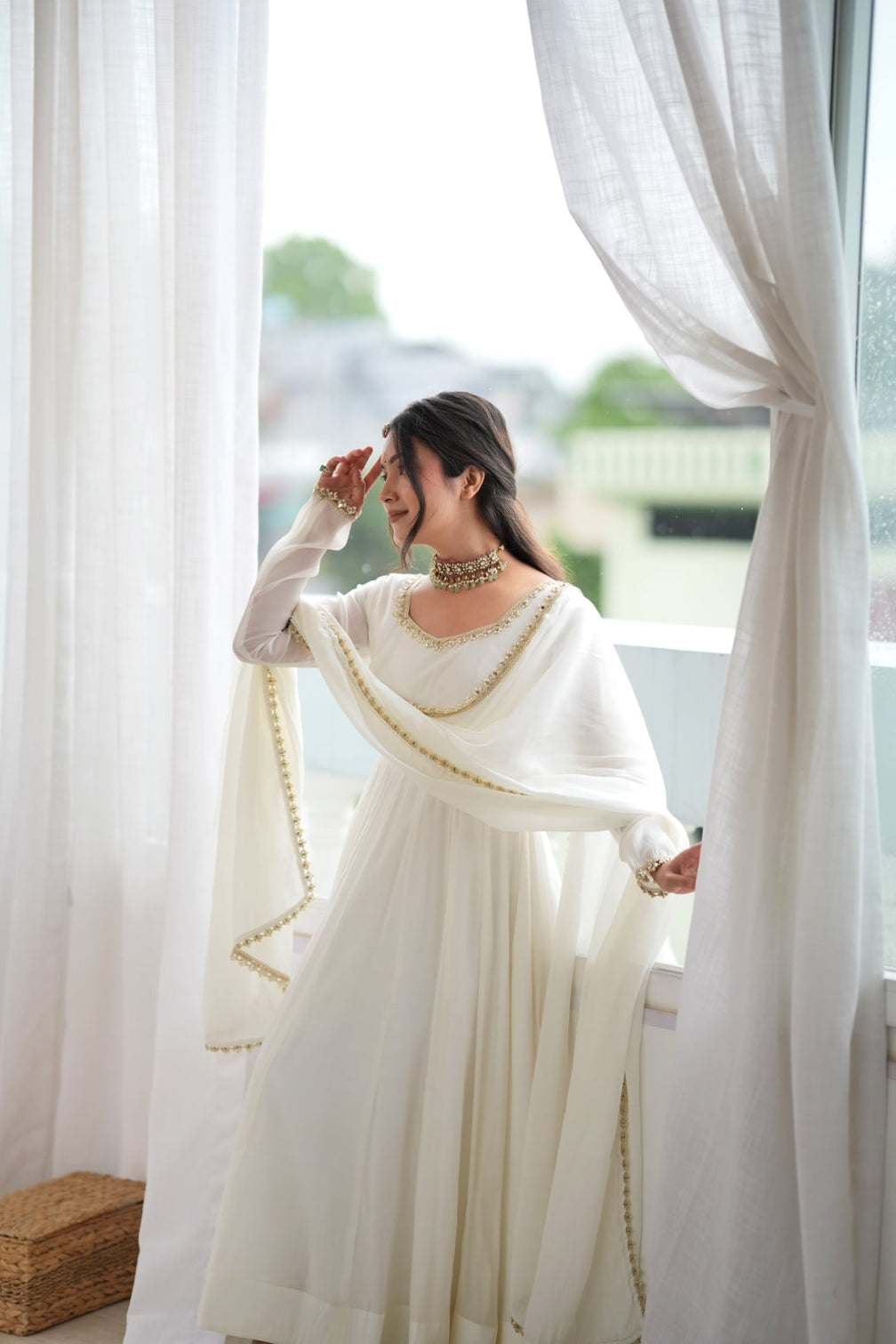 White Heavy Pure Mal Chanderi Anarkali Gown
