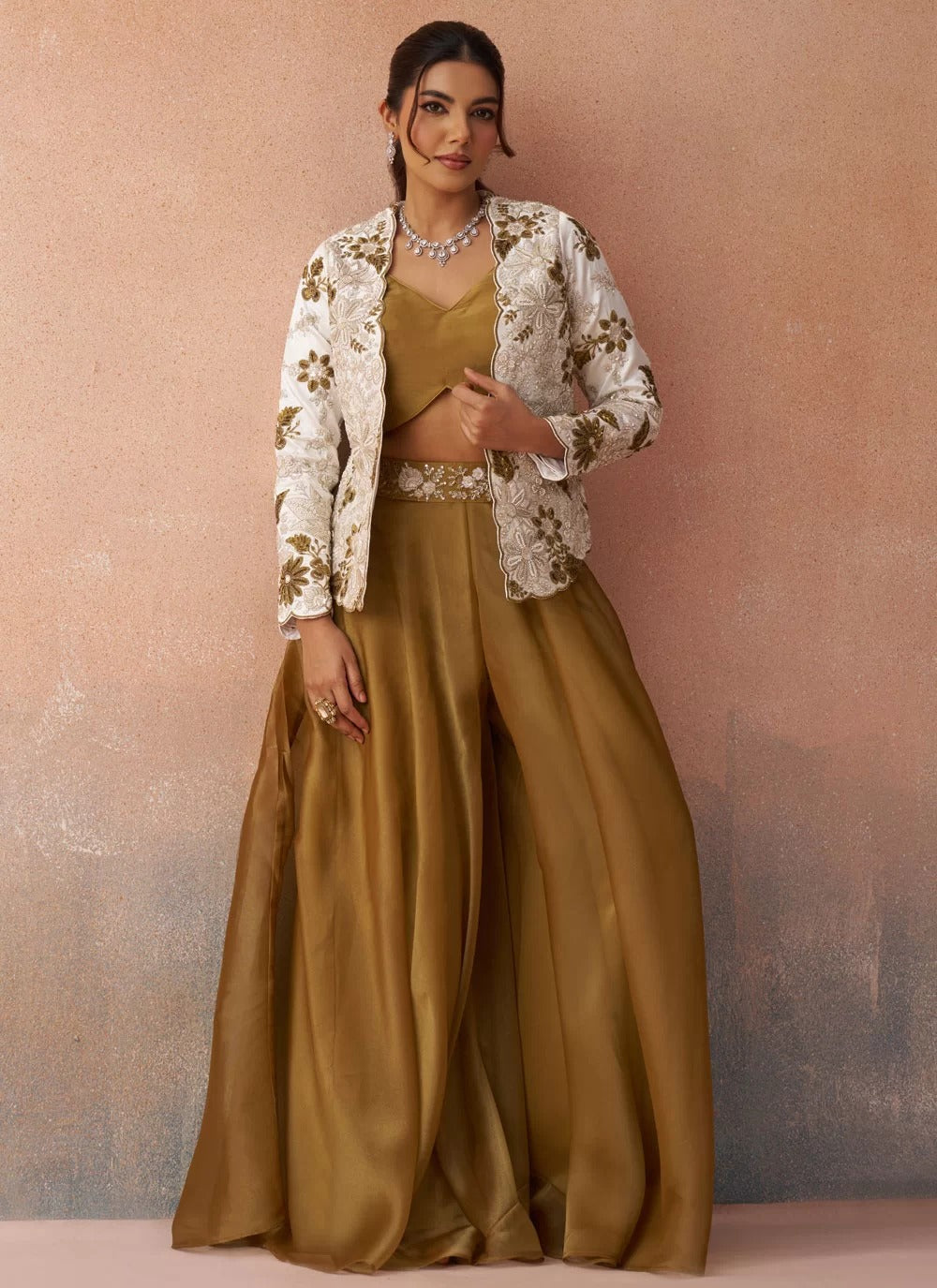 Luxury white tissue indo western co ord set with embroidered silk jacket