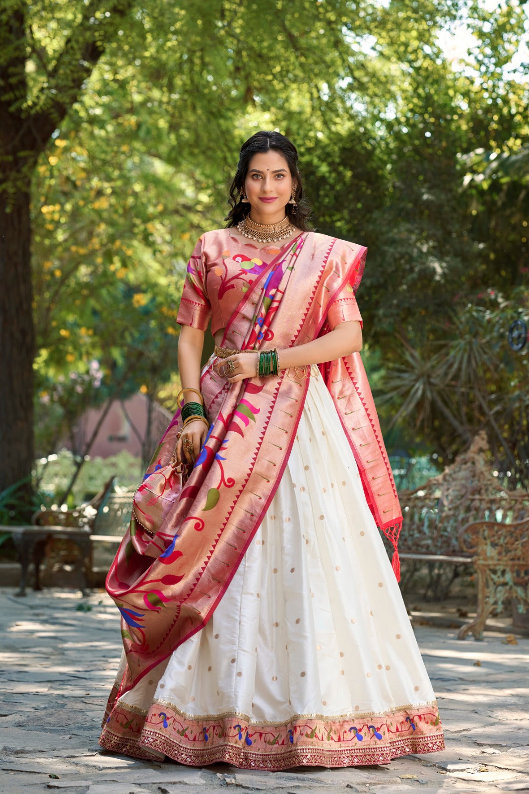 White Jacquard Silk Paithani Lehenga Choli Set