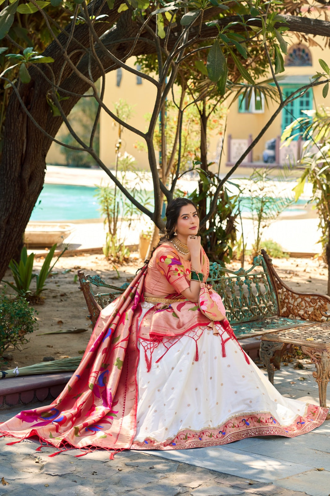 White Jacquard Silk Paithani Lehenga Choli Set