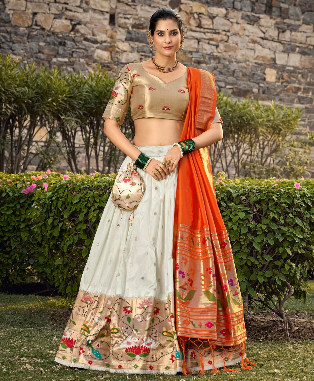 White Jacquard Silk Paithani Lehenga Choli