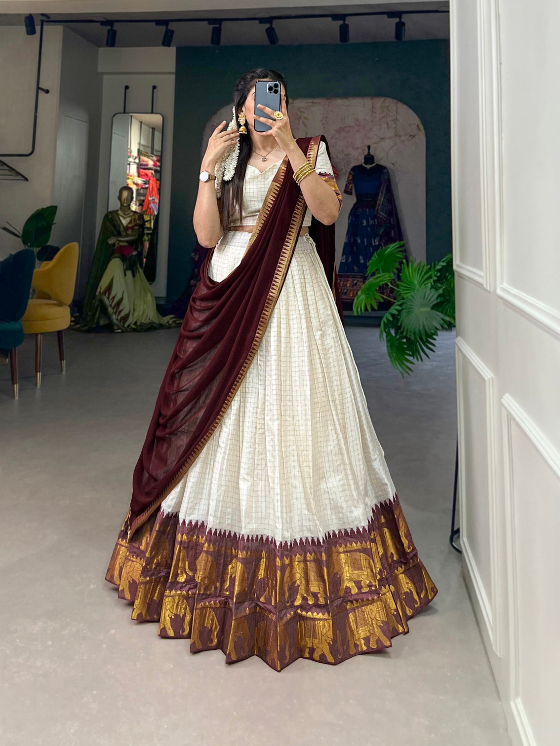 White Kalyani Cotton Lehenga Choli Set with Flowy Georgette Dupatta for Timeless Elegance