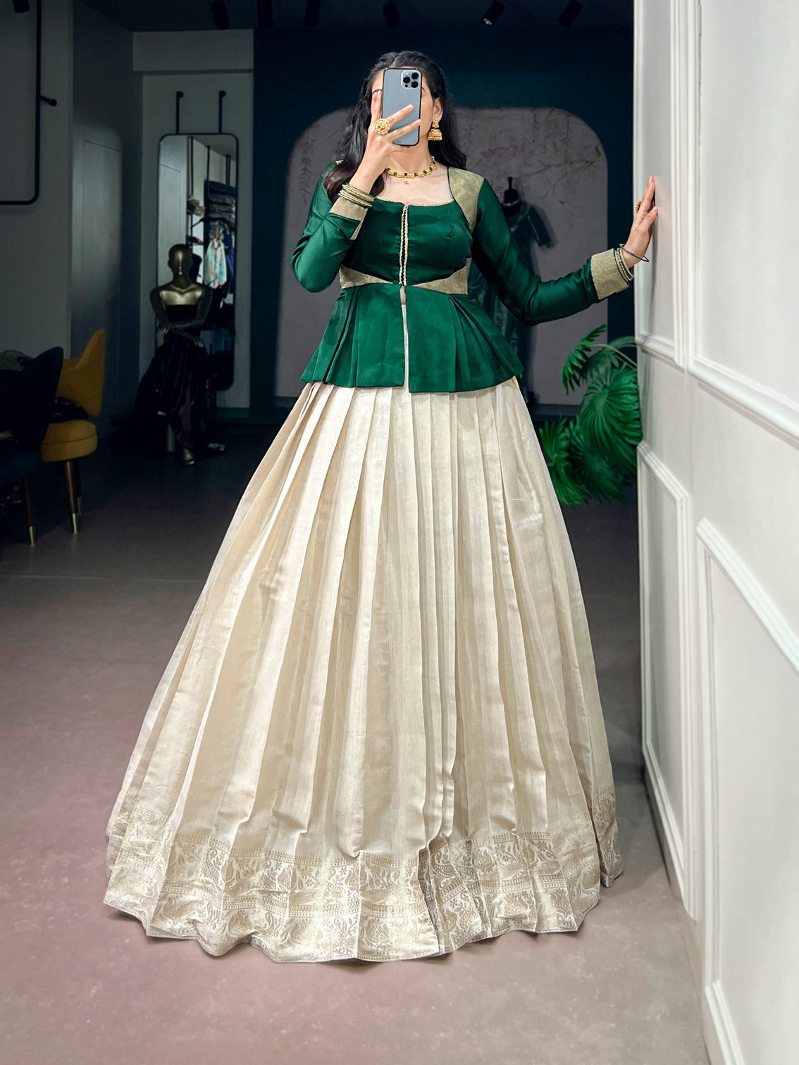 White Kanchipuram Lehenga Set