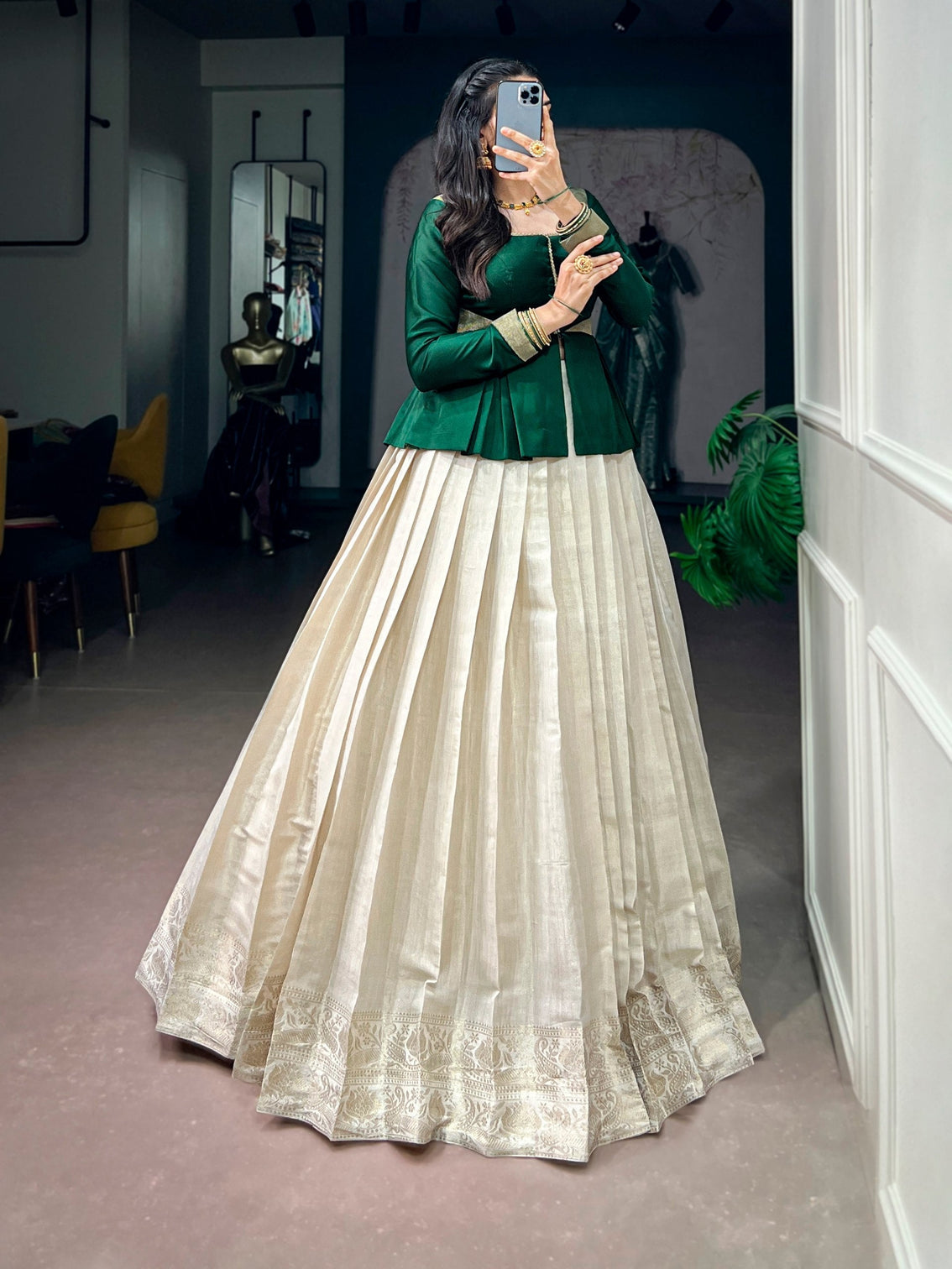 White Kanchipuram Lehenga Set