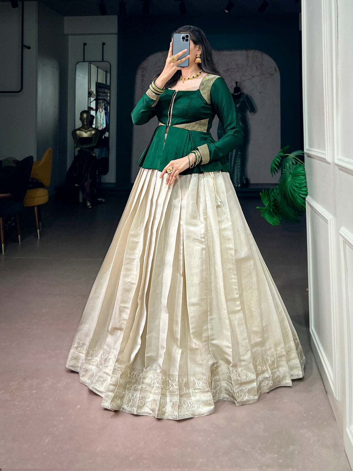White Kanchipuram Lehenga Set