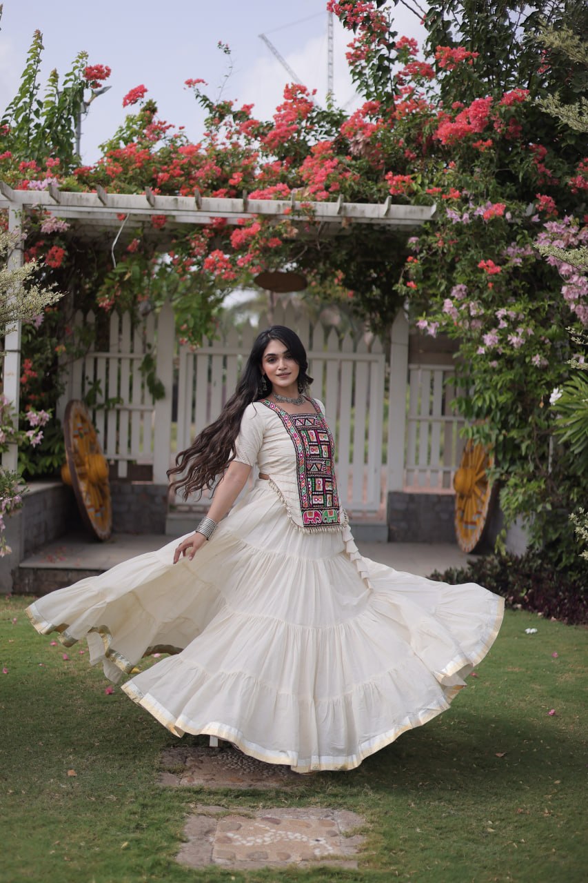 White Kora Cotton Lehenga with Kutchi Work
