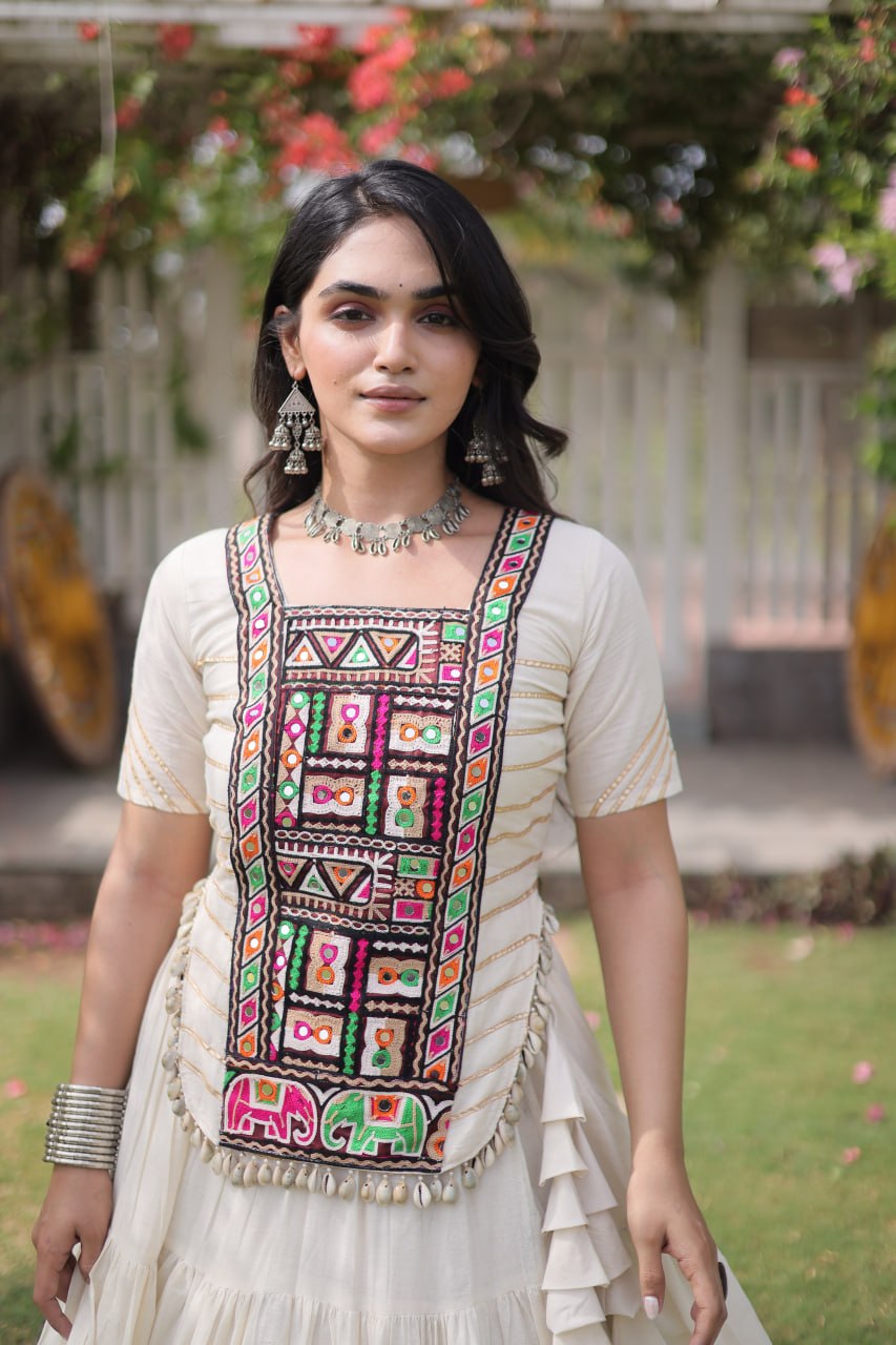 White Kora Cotton Lehenga with Kutchi Work