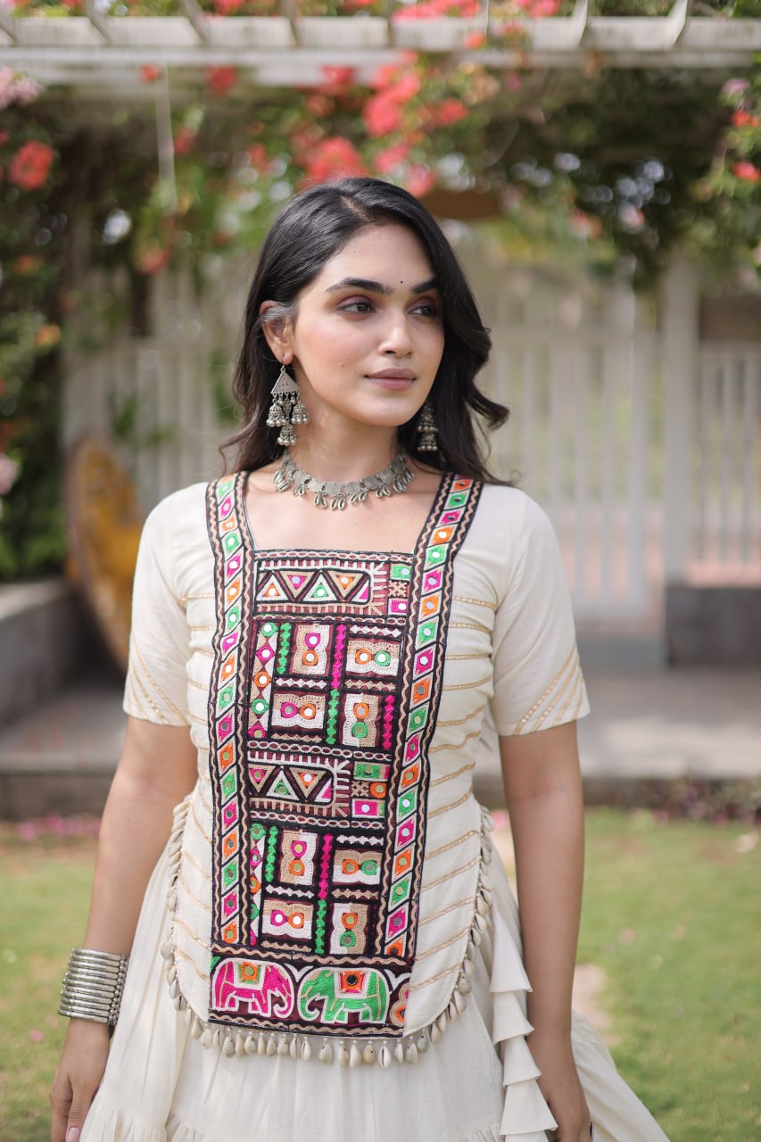 White Kora Cotton Lehenga with Kutchi Work