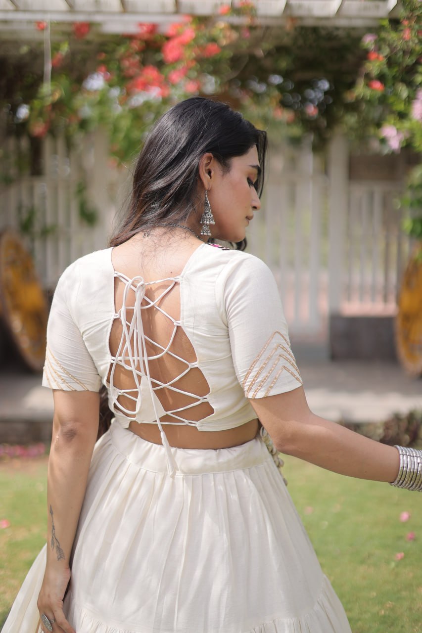 White Kora Cotton Lehenga with Kutchi Work