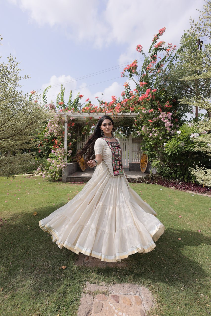 White Kora Cotton Lehenga with Kutchi Work