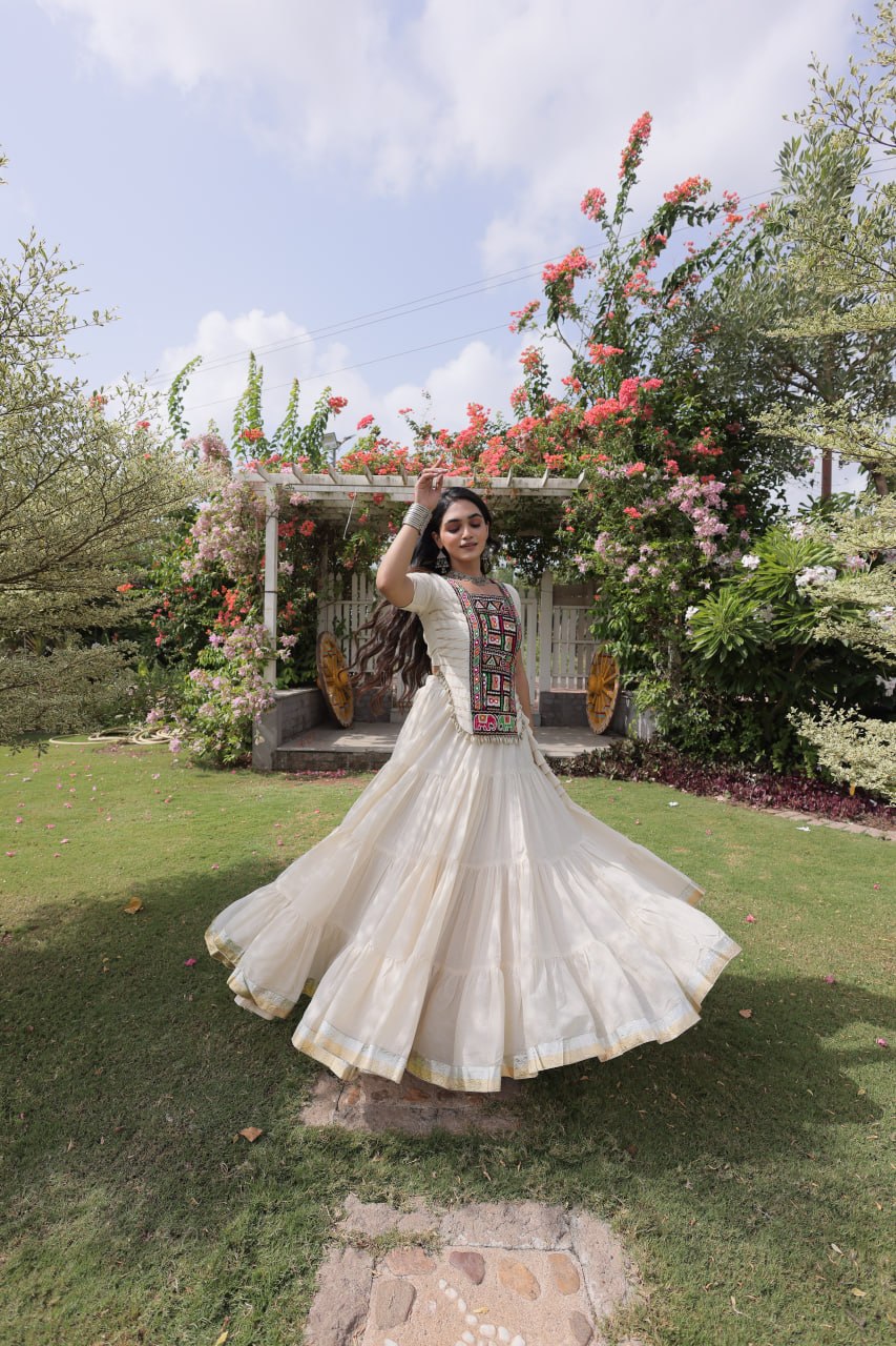 White Kora Cotton Lehenga with Kutchi Work