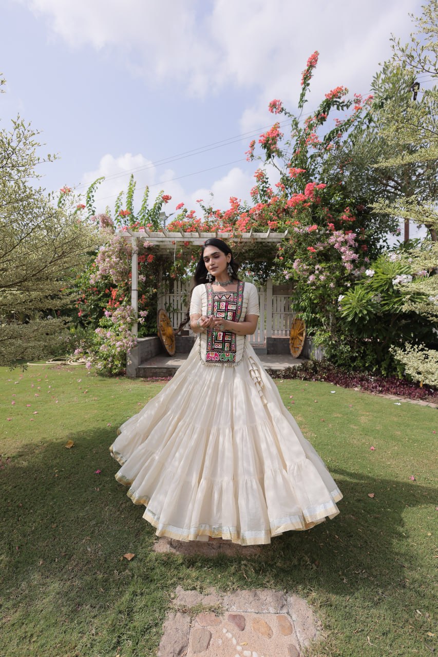 White Kora Cotton Lehenga with Kutchi Work