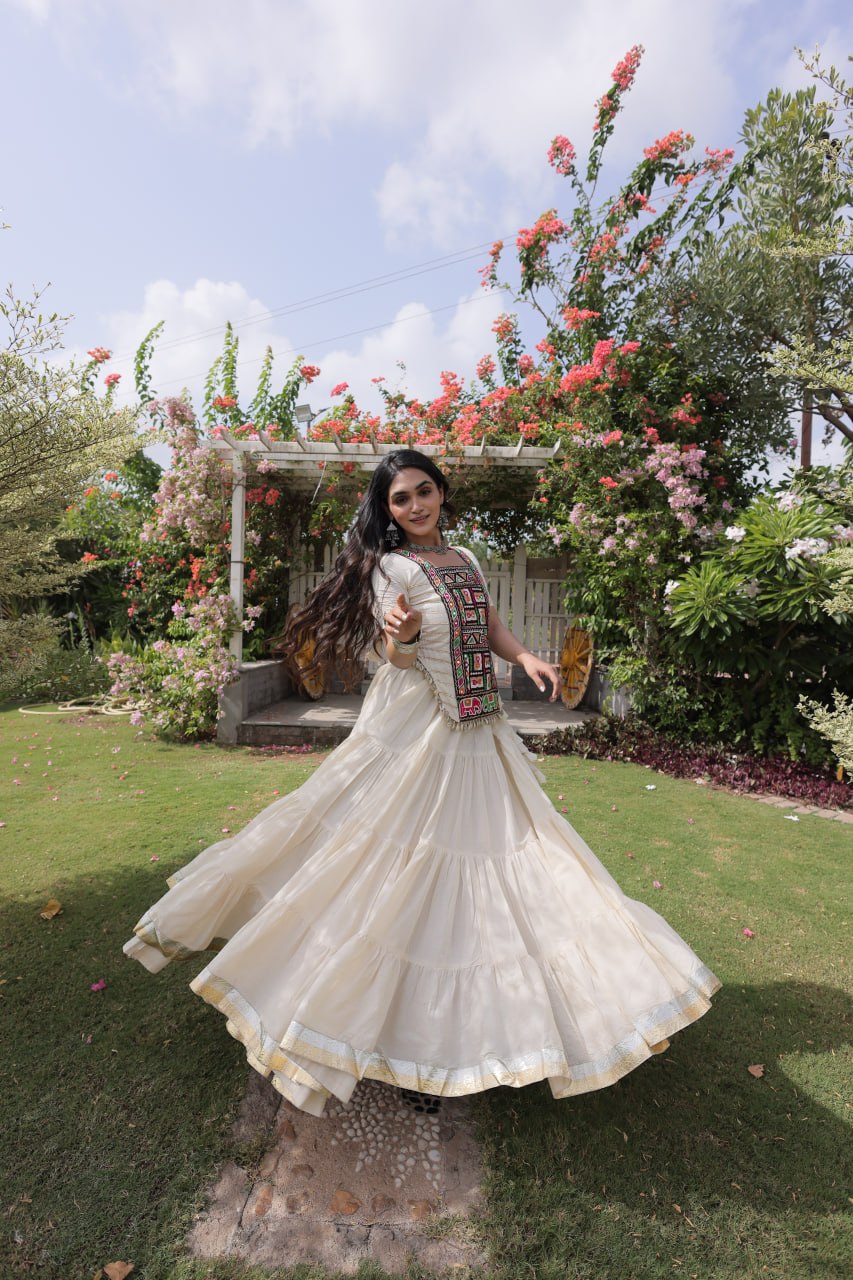 White Kora Cotton Lehenga with Kutchi Work