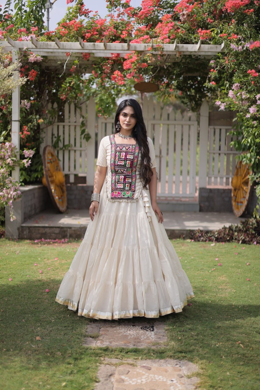 White Kora Cotton Lehenga with Kutchi Work