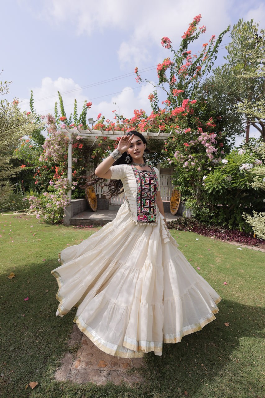 White Kora Cotton Lehenga with Kutchi Work