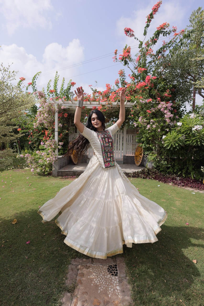 White Kora Cotton Lehenga with Kutchi Work